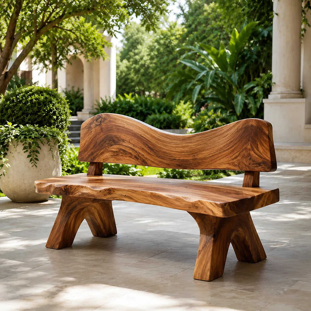 Live Edge Solid Wood Bench | Handcrafted Rustic Wooden Garden & Entryway Bench