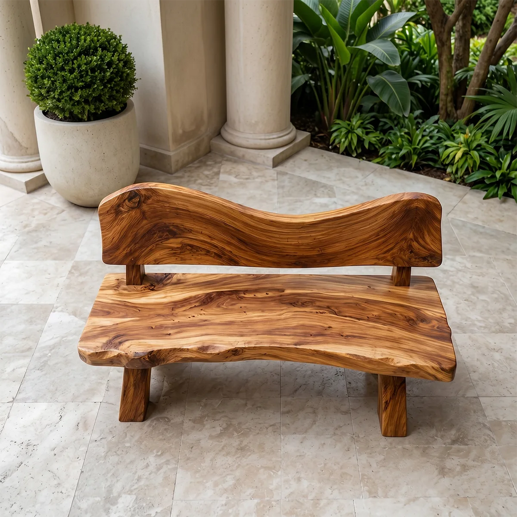 Live Edge Solid Wood Bench | Handcrafted Rustic Wooden Garden & Entryway Bench