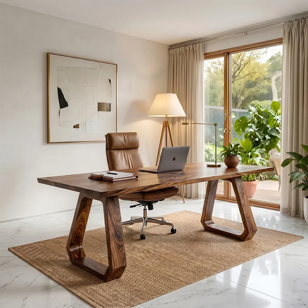Wooden Office Table ,  Solid Wood Premium Modern Executive Desk | Geometric Contemporary Office Desk