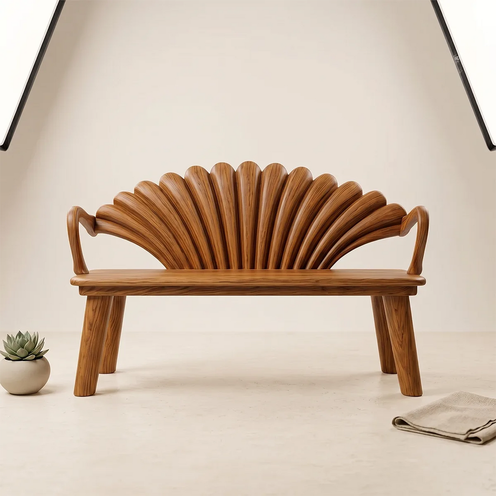 Luxury Solid Wood Decorative Fan Shell Bench with Artistic Sculptural Backrest