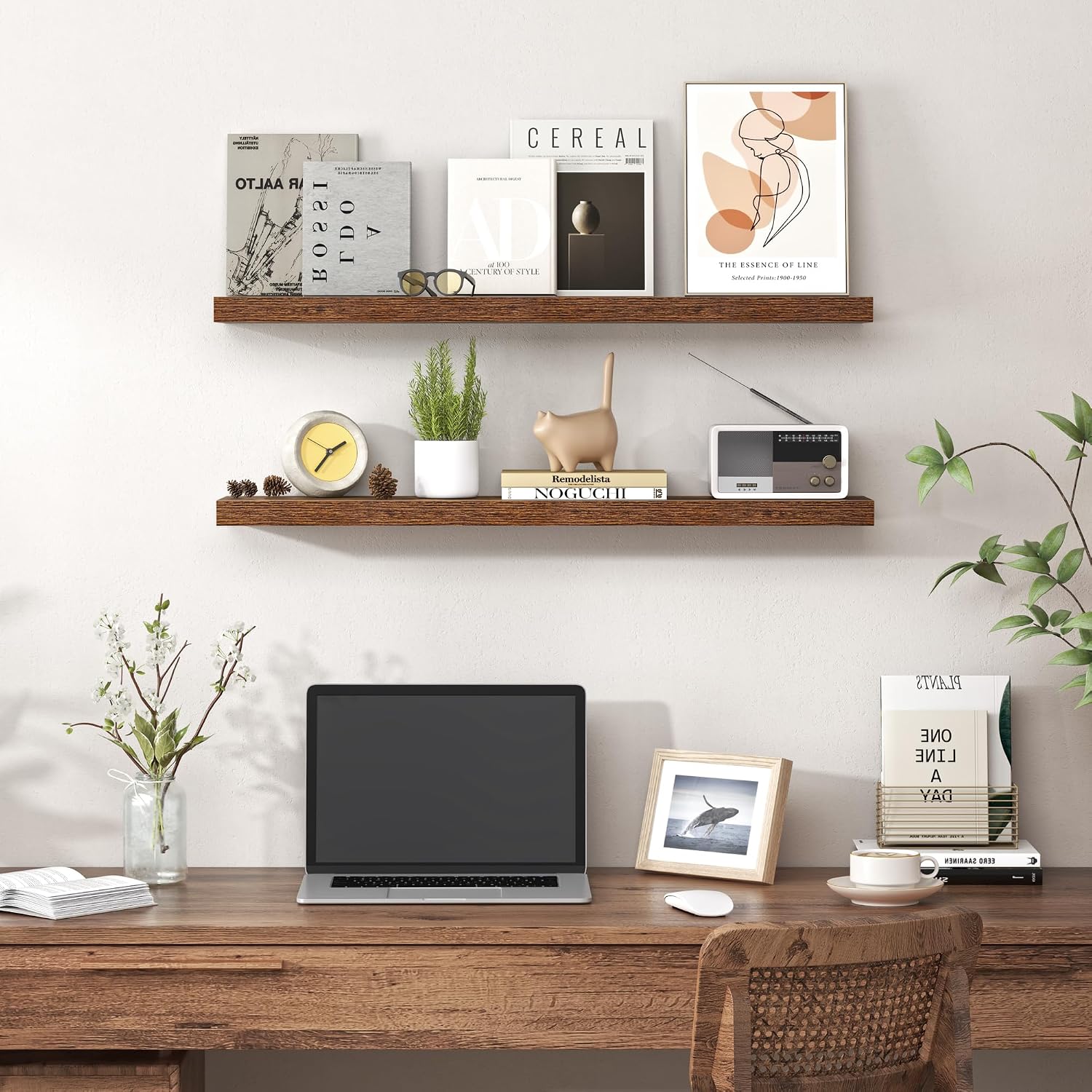 Floating Shelves for Wall , Mounted Storage Wood Shelves with Invisible Brackets Hanging Shelf for Bedroom Living Room Kitchen Office,Set of 2,Rustic Brown