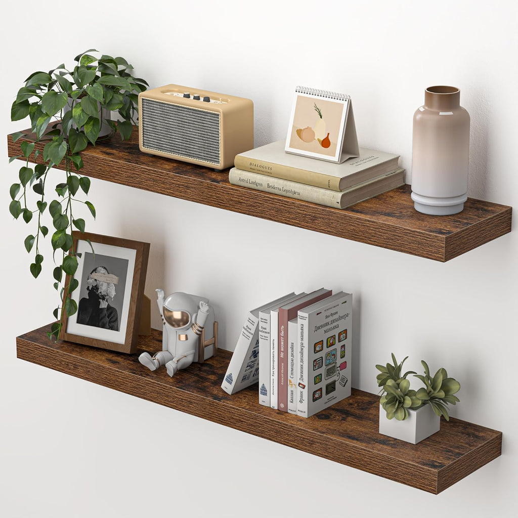 Floating Shelves for Wall , Mounted Storage Wood Shelves with Invisible Brackets Hanging Shelf for Bedroom Living Room Kitchen Office,Set of 2,Rustic Brown