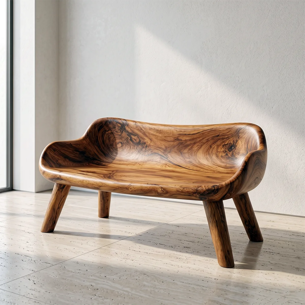 Premium Solid Wood , One Piece Wood, Organic Luxury Sculptural Garden Bench with Integrated Curved Backrest