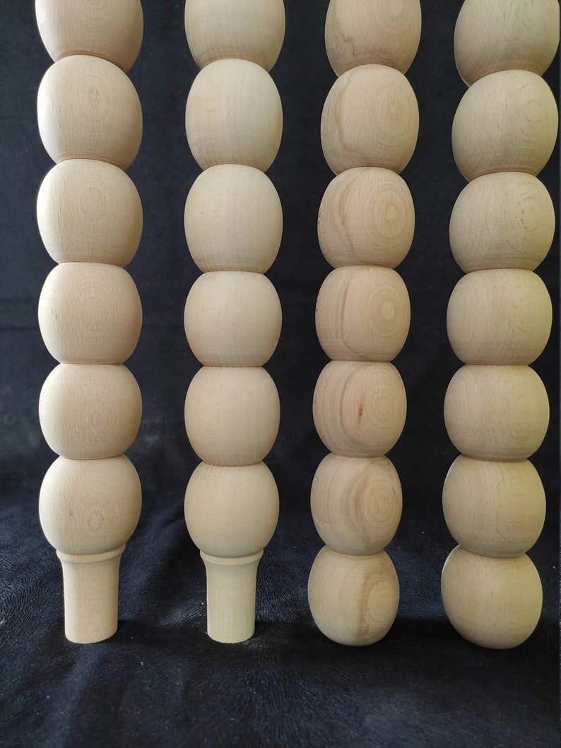 Set of 4 Round Modern Bead Wooden Table Legs, Farmhouse Furniture Leg, Cottage Dining Table Leg, Unfinished Wooden Table Leg, Turned Leg