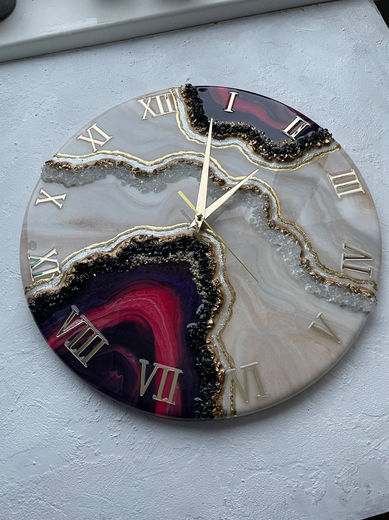 Resin geode clock, geode painting, resin art clock, abstract painting, wall art living room, geode wall picture, gold wall decor, modern art