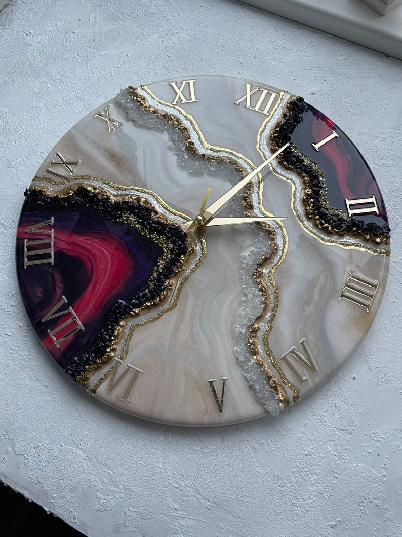 Resin geode clock, geode painting, resin art clock, abstract painting, wall art living room, geode wall picture, gold wall decor, modern art