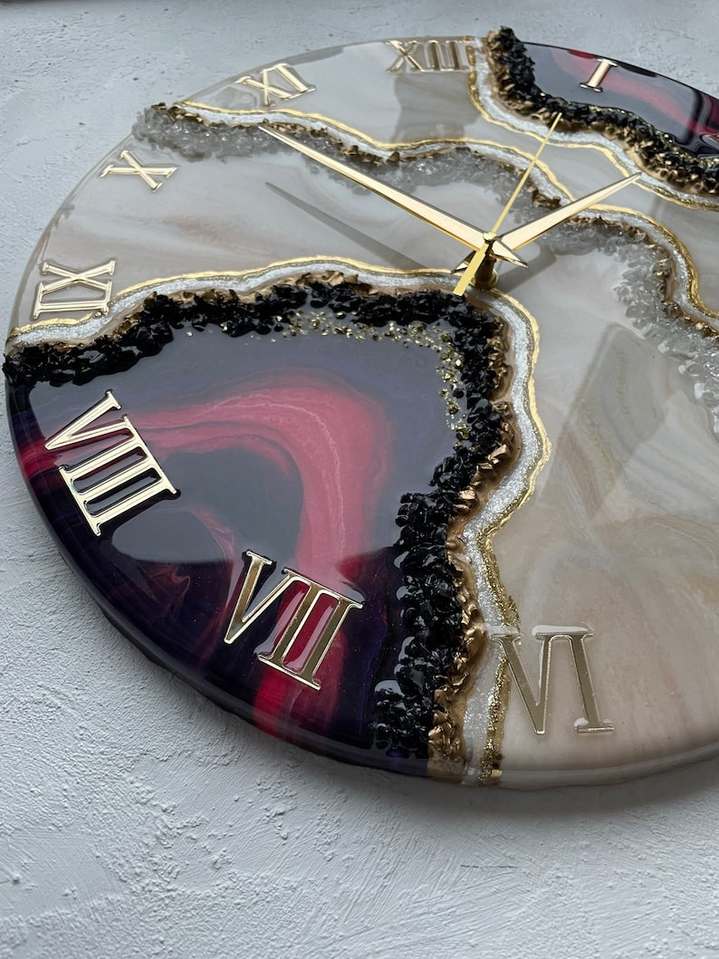 Resin geode clock, geode painting, resin art clock, abstract painting, wall art living room, geode wall picture, gold wall decor, modern art