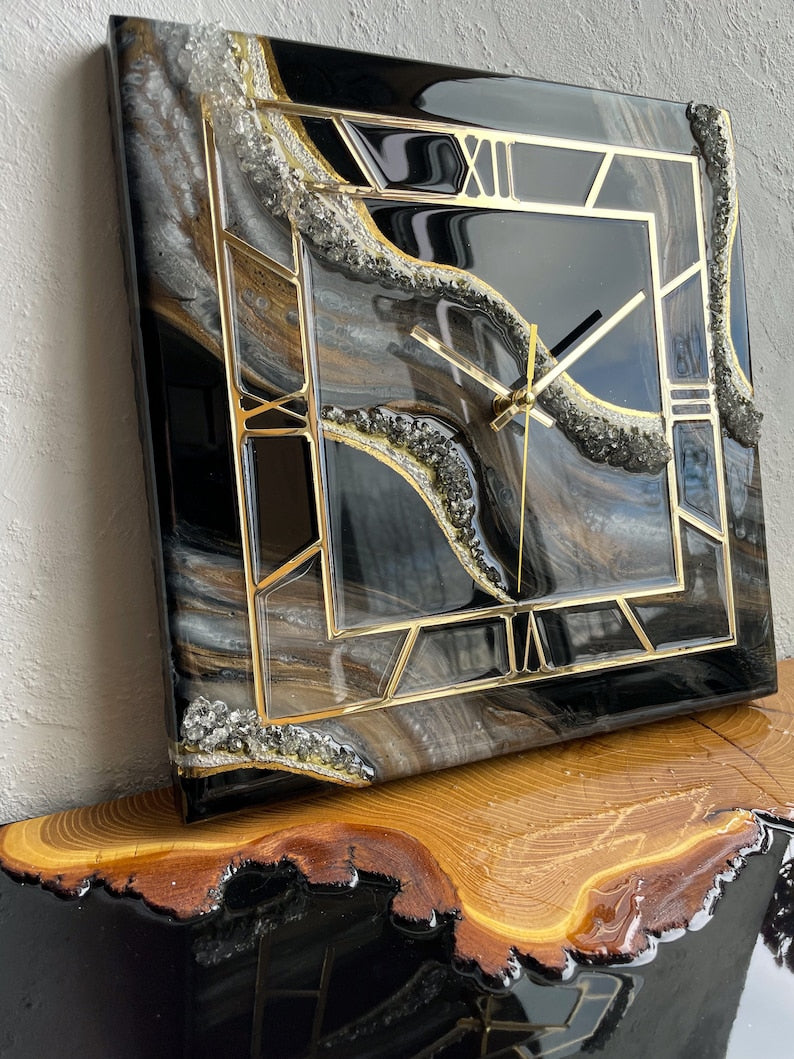 Luxury Resin square geode clock, geode crystal clock, resin art ,anniversary gift for parents, modern art decor, black gold wall decor