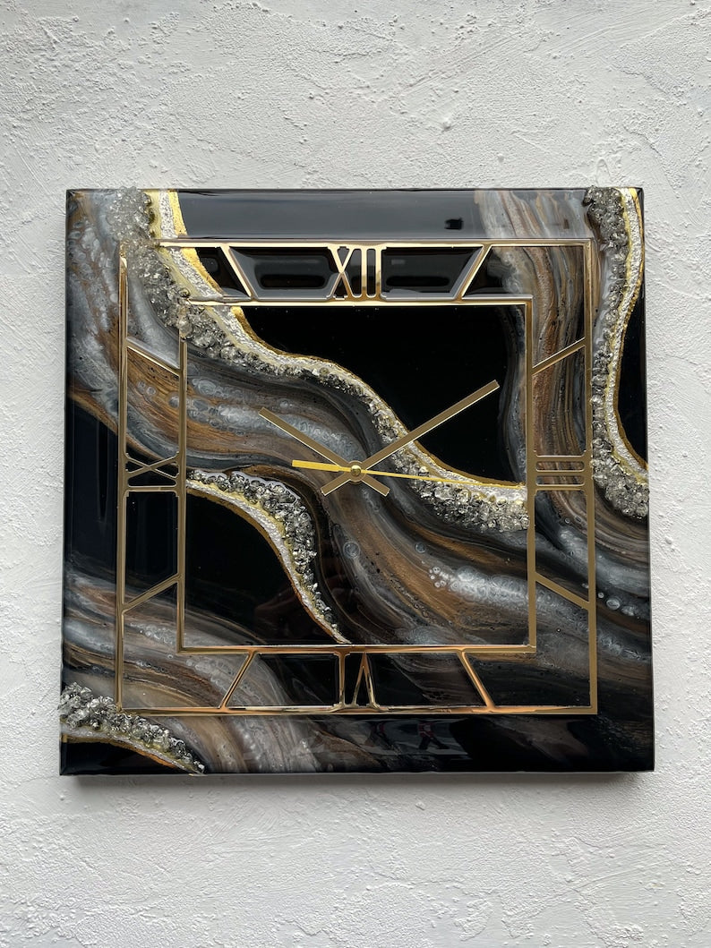 Luxury Resin square geode clock, geode crystal clock, resin art ,anniversary gift for parents, modern art decor, black gold wall decor