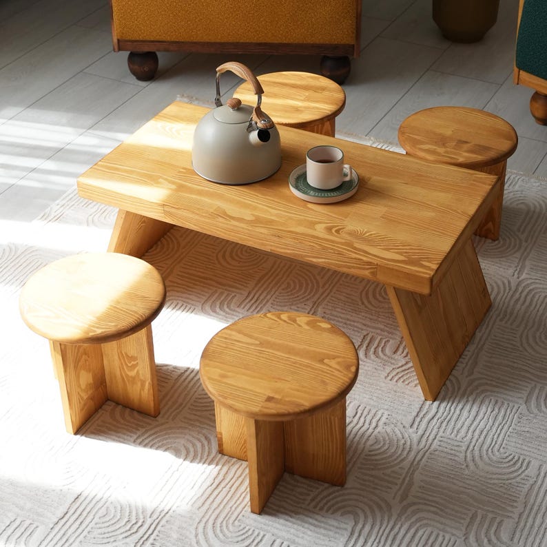 Premium Handmade Japandi Kotatsu Table with Stool: Solid Pine Low Coffee Table