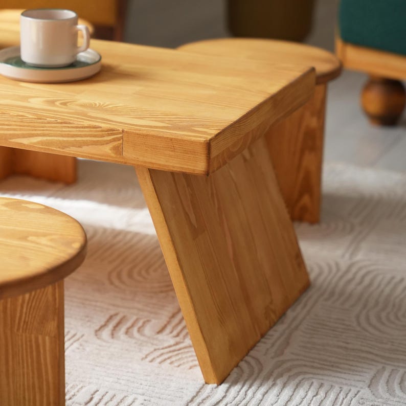 Premium Handmade Japandi Kotatsu Table with Stool: Solid Pine Low Coffee Table