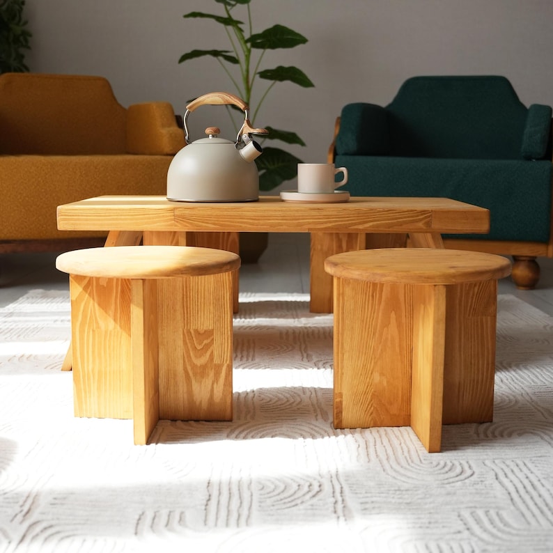 Premium Handmade Japandi Kotatsu Table with Stool: Solid Pine Low Coffee Table