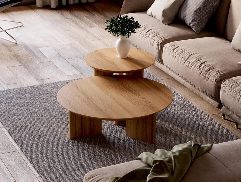 Set of Round Coffee Table - Unique coffee table set - Nesting coffee table - Solid Teak table - Scandi coffee table