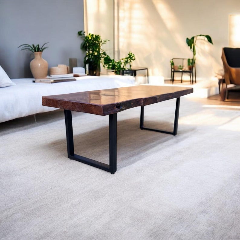 Live Edge Wood Coffee Table, Handmade Rustic Metal Leg Furniture for Living Room