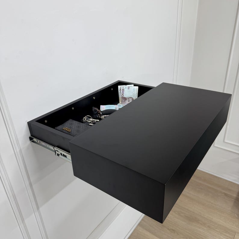 Wooden Floating Shelf Hidden Drawer , Secret Storage Wall Shelf, Minimalist Bedroom Entryway