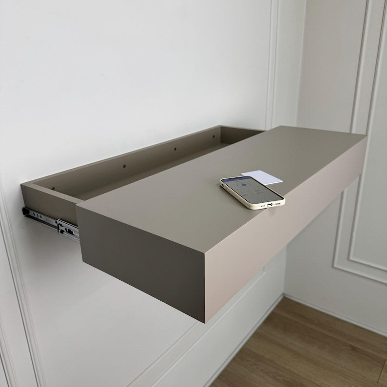 Wooden Floating Shelf Hidden Drawer , Secret Storage Wall Shelf, Minimalist Bedroom Entryway