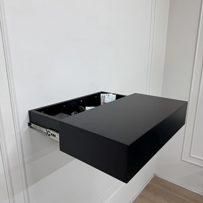 Wooden Floating Shelf Hidden Drawer , Secret Storage Wall Shelf, Minimalist Bedroom Entryway