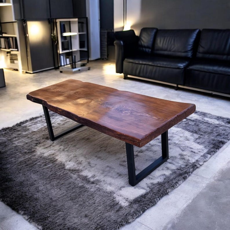 Live Edge Wood Coffee Table, Handmade Rustic Metal Leg Furniture for Living Room