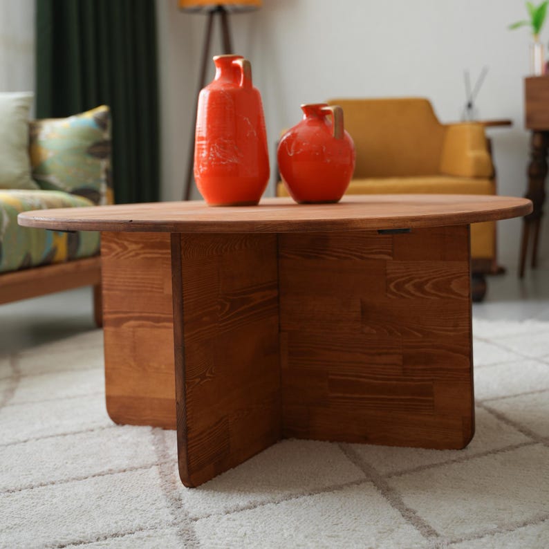 Rustic Low Coffee Table, Small Round Coffee Table, Modern And Unique Coffee Table