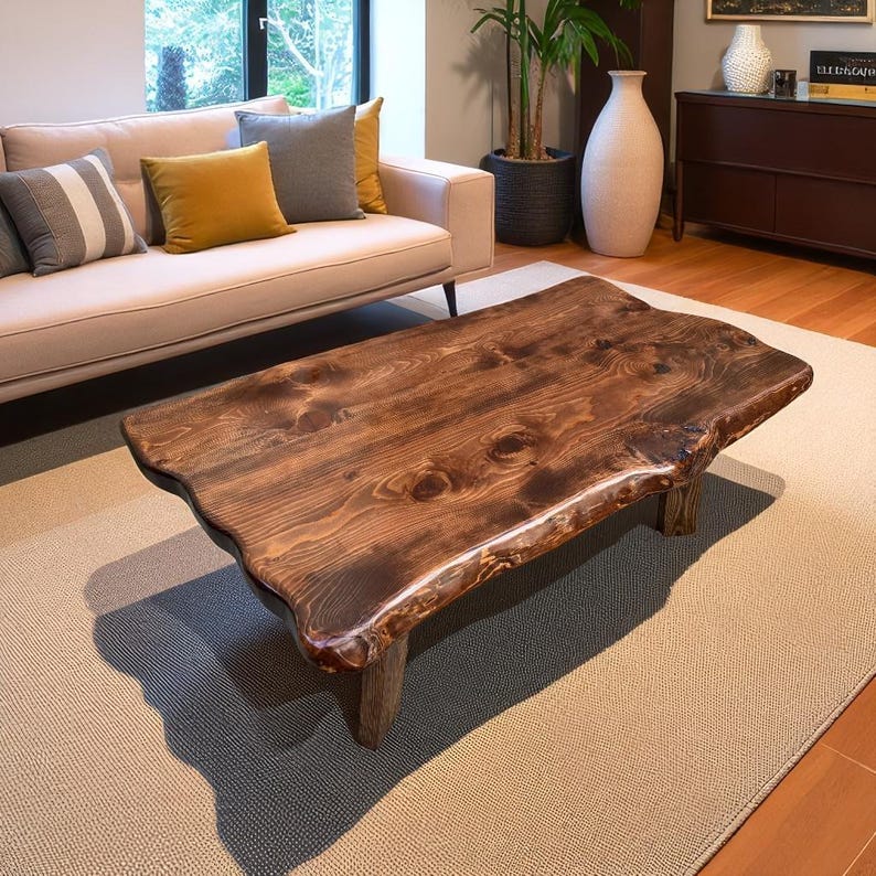 Farmhouse Live Edge Wood Coffee Table, Handmade Rustic Solid Wood Center Table, Natural Wood Living Room Furniture