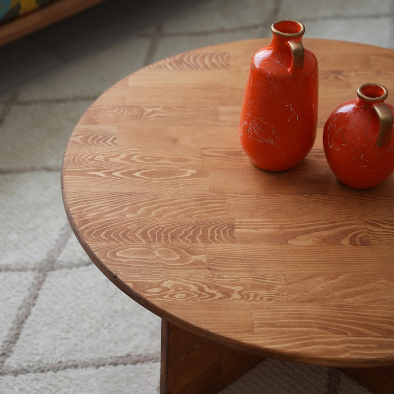 Rustic Low Coffee Table, Small Round Coffee Table, Modern And Unique Coffee Table