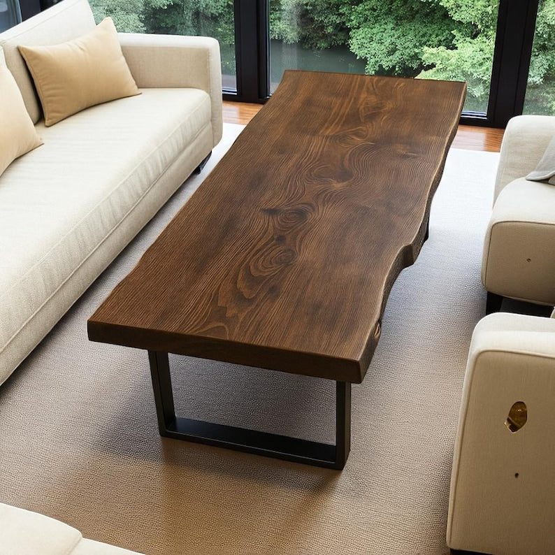 Live Edge Wood Coffee Table, Handmade Rustic Metal Leg Furniture for Living Room