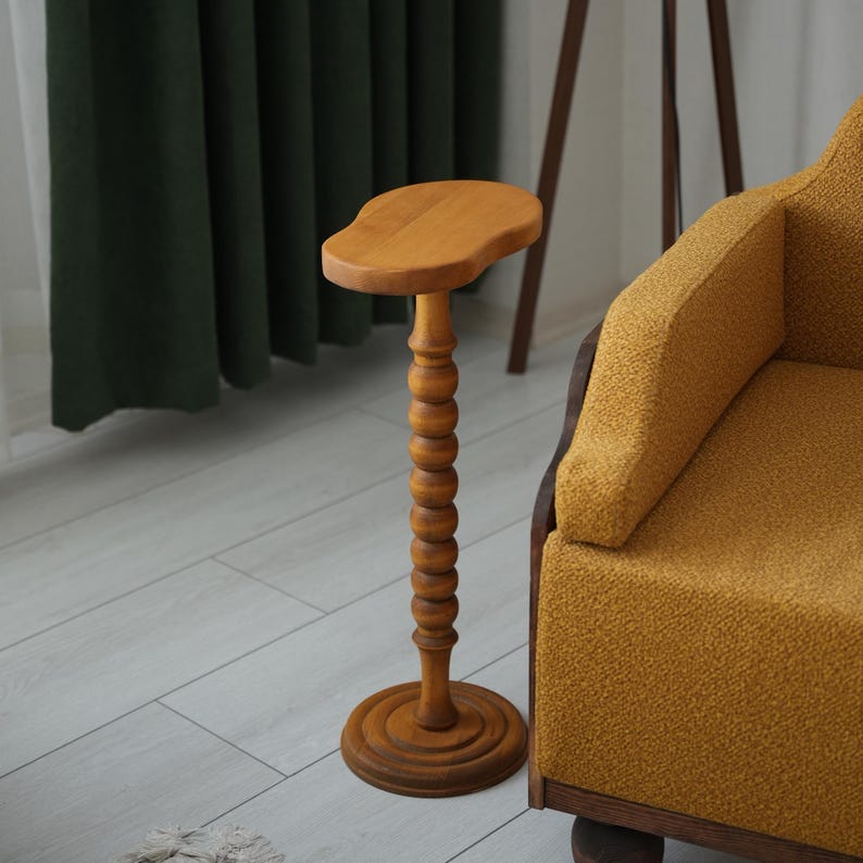 Rolling C-Shape Couch Table: Solid Pine Wood Sofa End Table