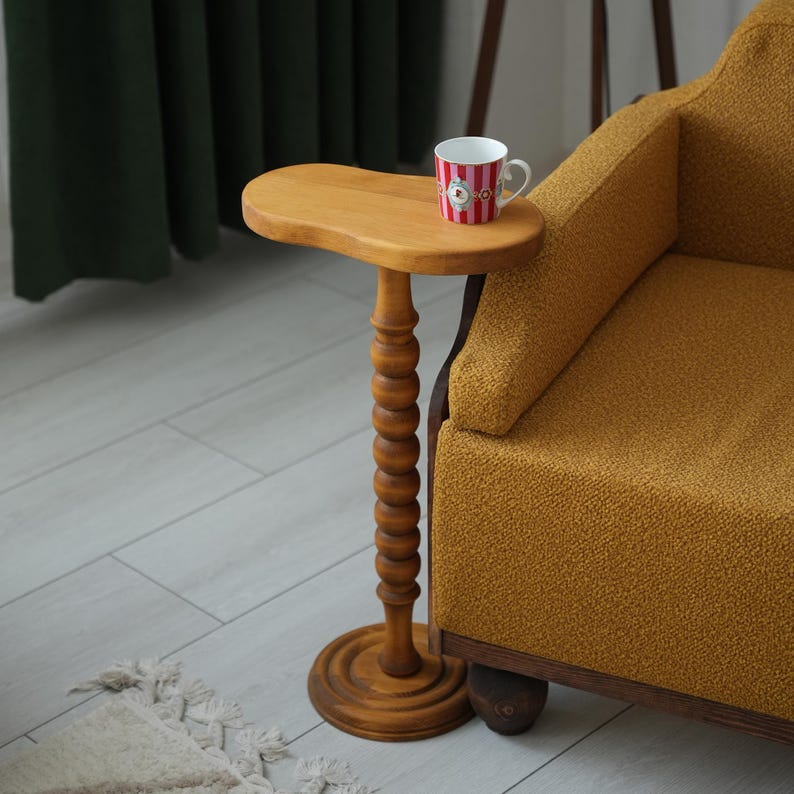 Rolling C-Shape Couch Table: Solid Pine Wood Sofa End Table