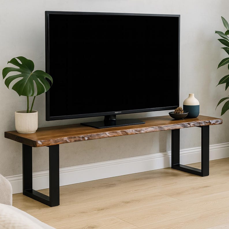 Luxury Live Edge TV Stand, Handmade Solid Wood Media Console, Rustic Metal Leg Entertainment Unit - 6 Feet