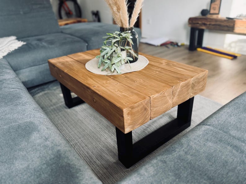Handcrafted wooden coffee table in oiled oak, living room table, beam construction timber, rustic, country style, industrial, solid wood, upcycled