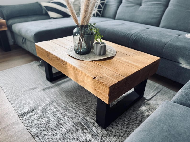 Handcrafted wooden coffee table in oiled oak, living room table, beam construction timber, rustic, country style, industrial, solid wood, upcycled