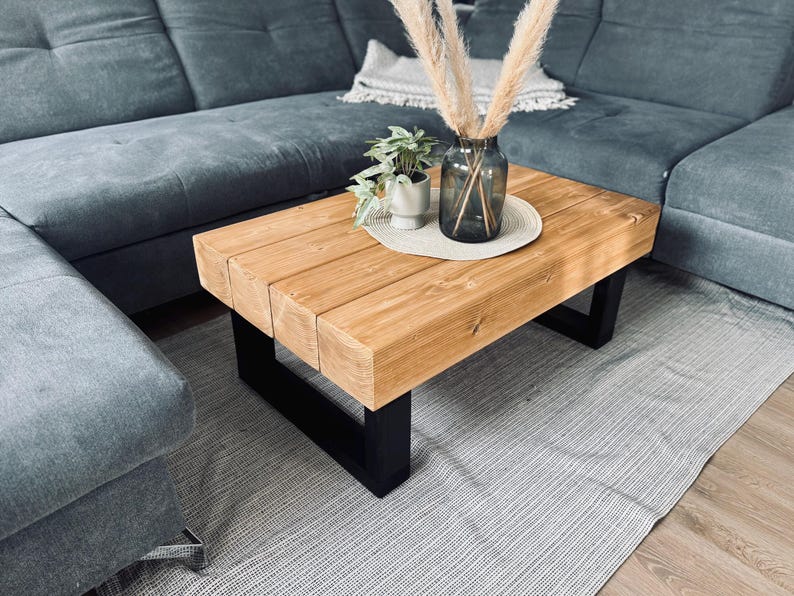 Handcrafted wooden coffee table in oiled oak, living room table, beam construction timber, rustic, country style, industrial, solid wood, upcycled