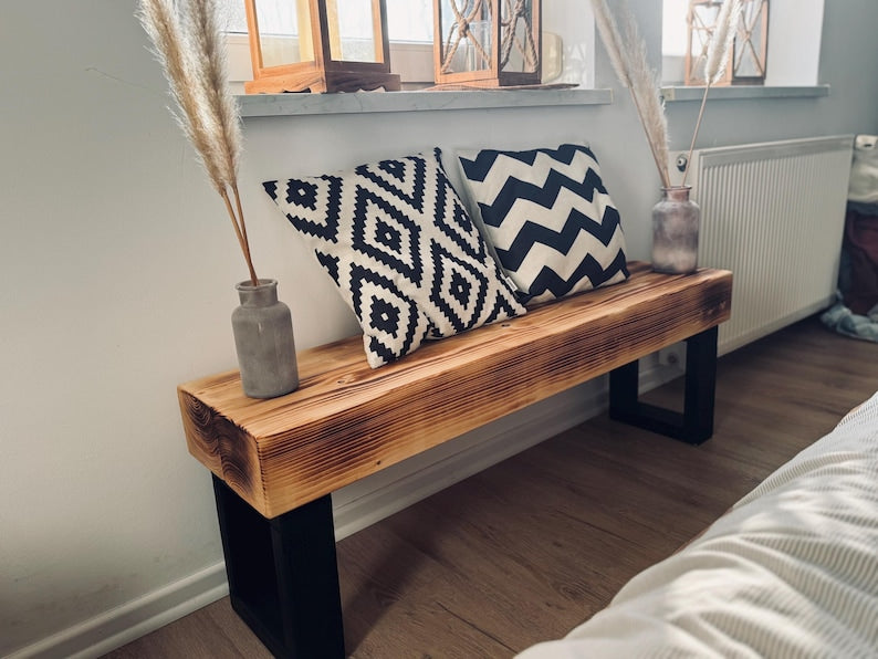 Handcrafted wooden bench, flamed finish, low board, TV stand, sideboard, console, hallway, beam, construction timber, reclaimed wood, rustic, country house, industrial, solid wood bench