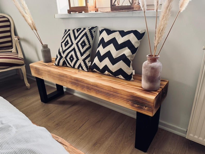 Handcrafted wooden bench, flamed finish, low board, TV stand, sideboard, console, hallway, beam, construction timber, reclaimed wood, rustic, country house, industrial, solid wood bench