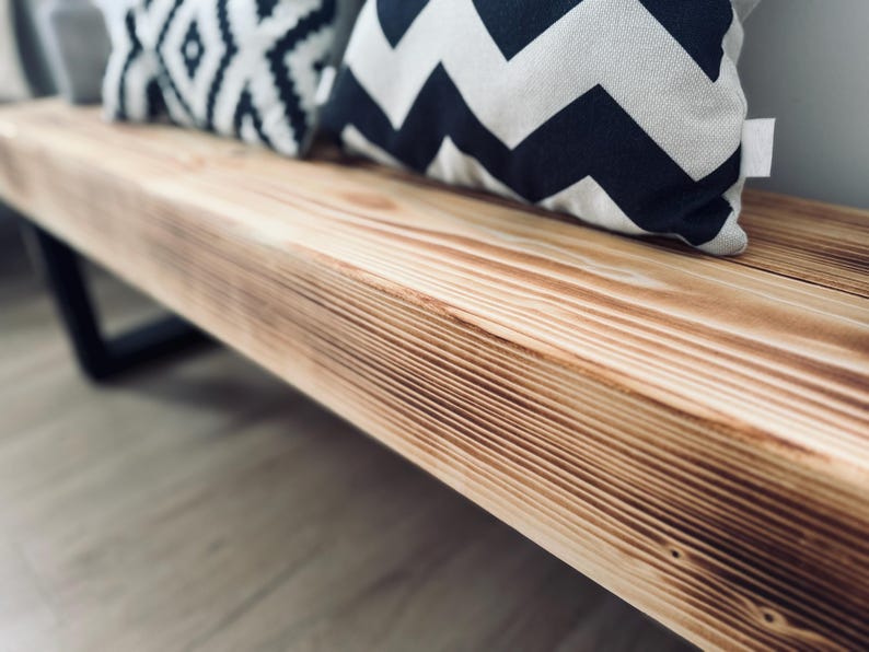 Handcrafted wooden bench, flamed finish, low board, TV stand, sideboard, console, hallway, beam, construction timber, reclaimed wood, rustic, country house, industrial, solid wood bench
