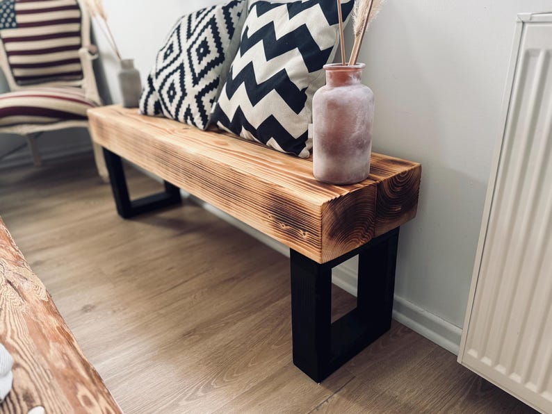 Handcrafted wooden bench, flamed finish, low board, TV stand, sideboard, console, hallway, beam, construction timber, reclaimed wood, rustic, country house, industrial, solid wood bench