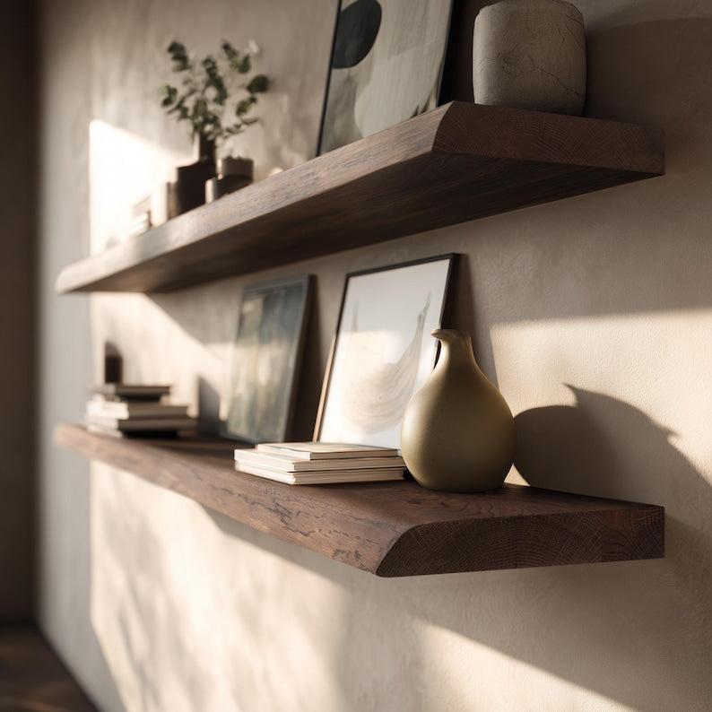 Dark Live Edge floating shelf, Solid Wood Wall Shelf with Natural Edge, Invisible Mount Rustic Modern Decor - Set of 2
