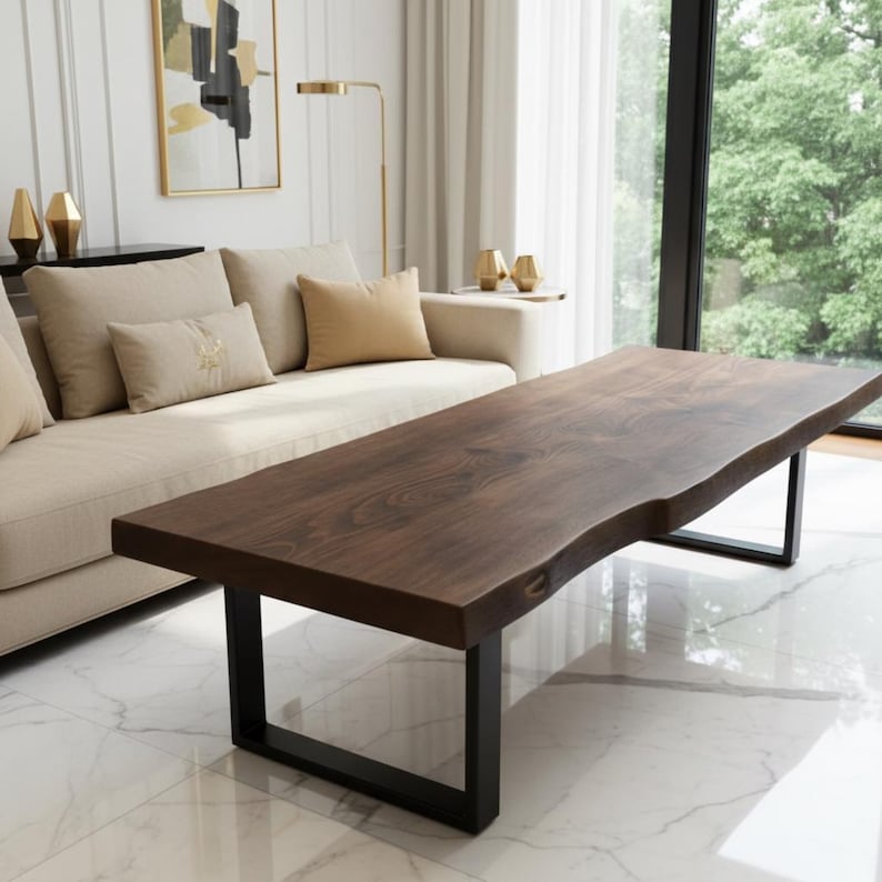 Live Edge Wood Coffee Table, Handmade Rustic Metal Leg Furniture for Living Room