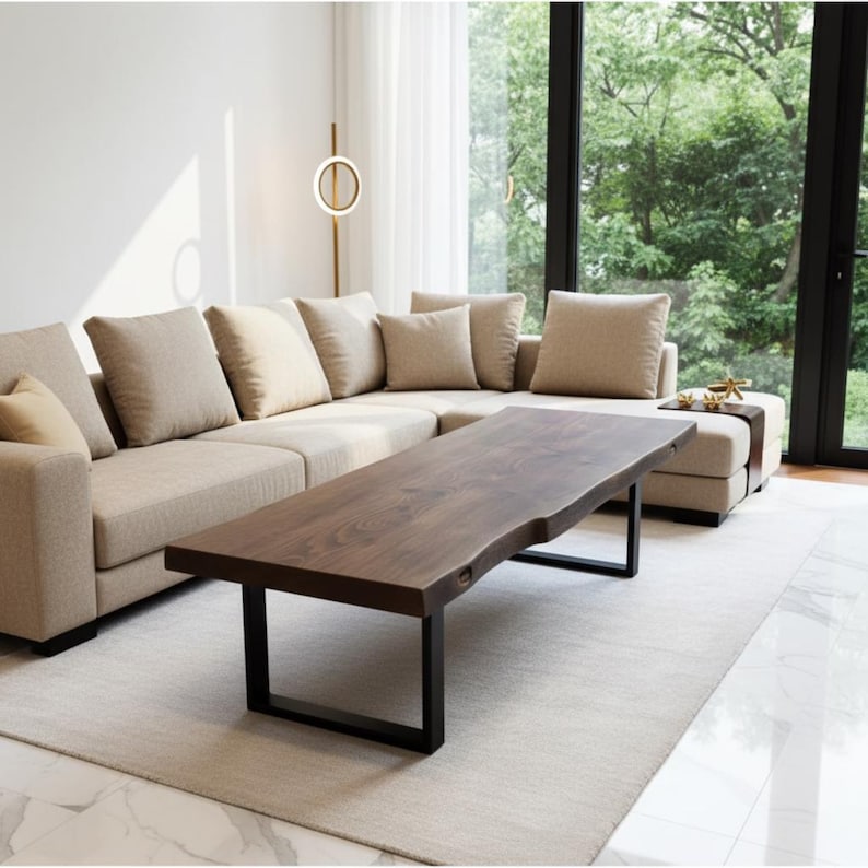 Live Edge Wood Coffee Table, Handmade Rustic Metal Leg Furniture for Living Room