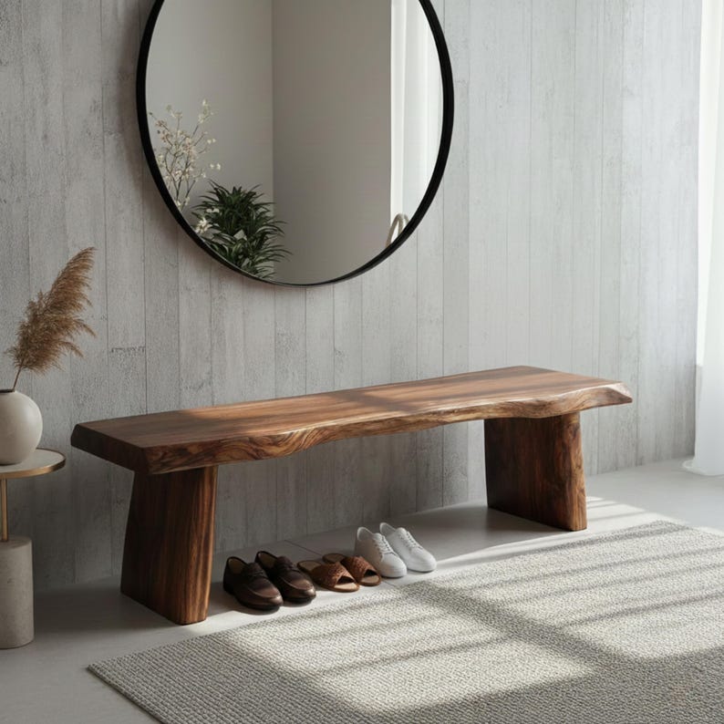 Luxury Live Edge Solid Wood Bench for Entryway – Handcrafted Rustic Seating, Solid Wood Hallway Bench
