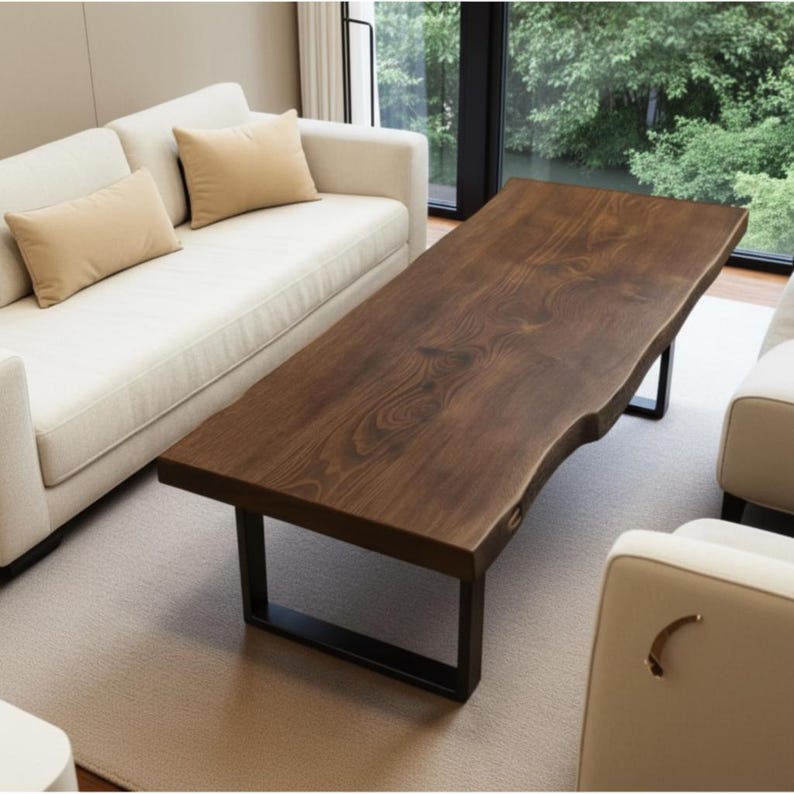 Live Edge Wood Coffee Table, Handmade Rustic Metal Leg Furniture for Living Room