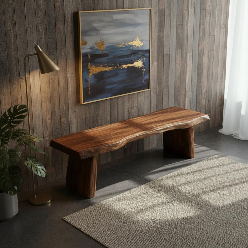 Luxury Live Edge Solid Wood Bench for Entryway – Handcrafted Rustic Seating, Solid Wood Hallway Bench
