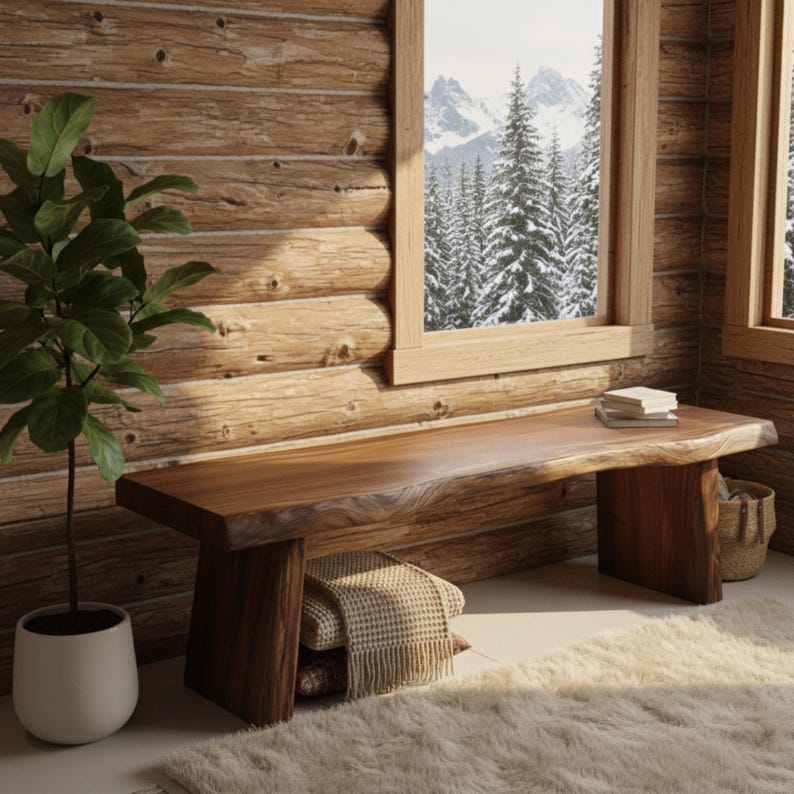 Luxury Live Edge Solid Wood Bench for Entryway – Handcrafted Rustic Seating, Solid Wood Hallway Bench