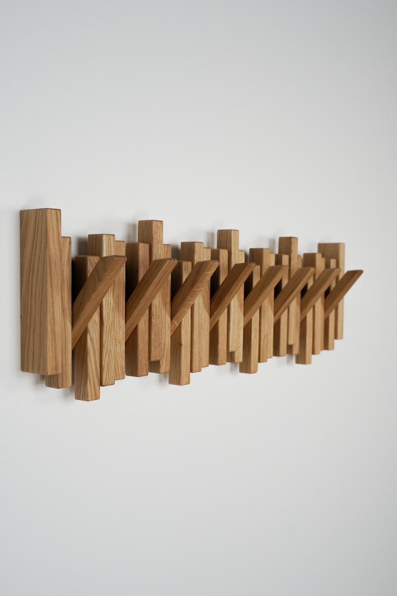 Luxury Wooden Coat Rack Wall Mounted Handmade Solid Oak Natural Wood Hook Rail for Hallway