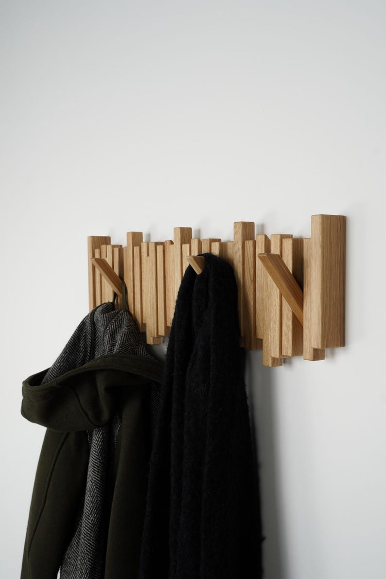 Luxury Wooden Coat Rack Wall Mounted Handmade Solid Oak Natural Wood Hook Rail for Hallway