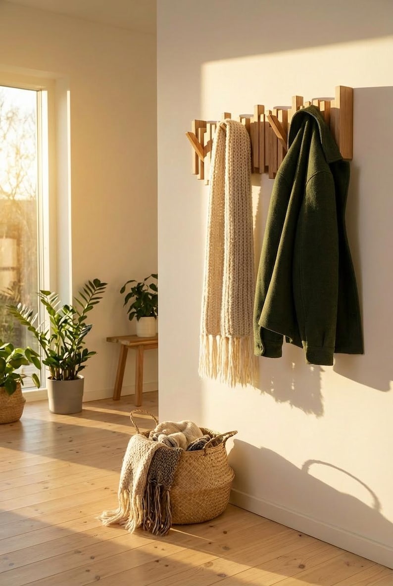 Luxury Wooden Coat Rack Wall Mounted Handmade Solid Oak Natural Wood Hook Rail for Hallway