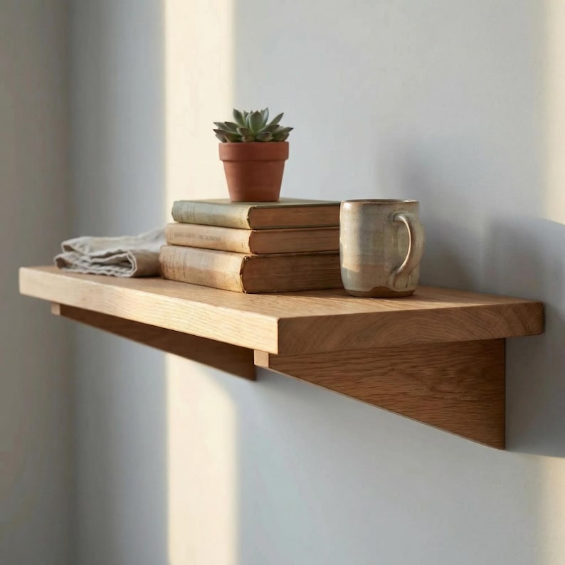 Teak Wood Wooden Floating Shelf with Bottom Support  Wooden Shelf Bracket: Minimalist Wall Support