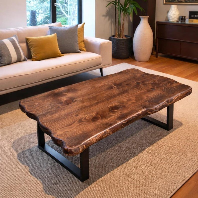 Farmhouse Live Edge Wood Coffee Table, Handmade Rustic Solid Wood Center Table, Natural Wood Living Room Furniture