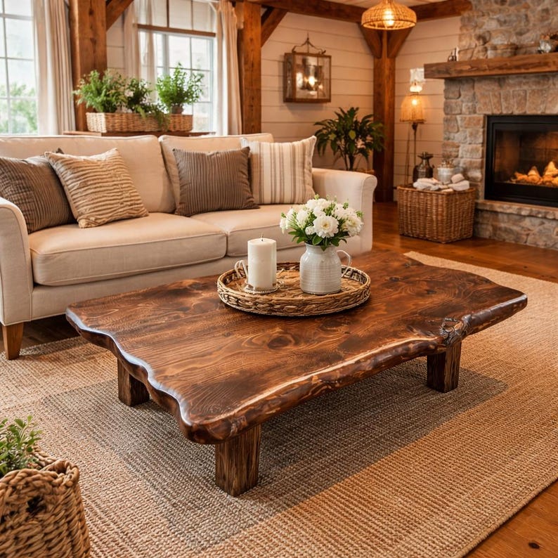 Farmhouse Live Edge Wood Coffee Table, Handmade Rustic Solid Wood Center Table, Natural Wood Living Room Furniture