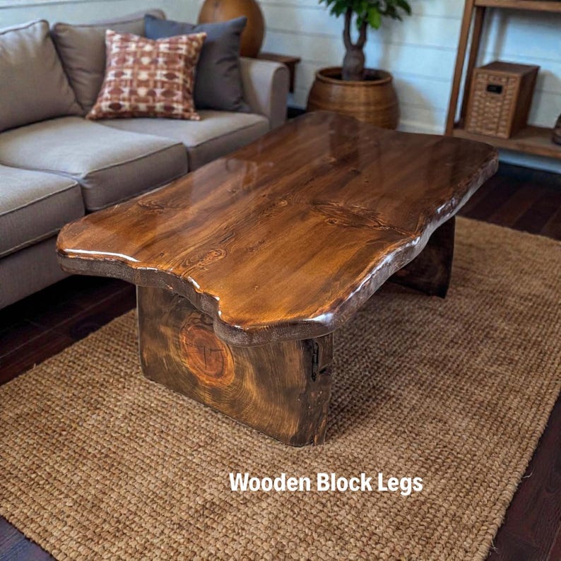 Farmhouse Live Edge Wood Coffee Table, Handmade Rustic Solid Wood Center Table, Natural Wood Living Room Furniture